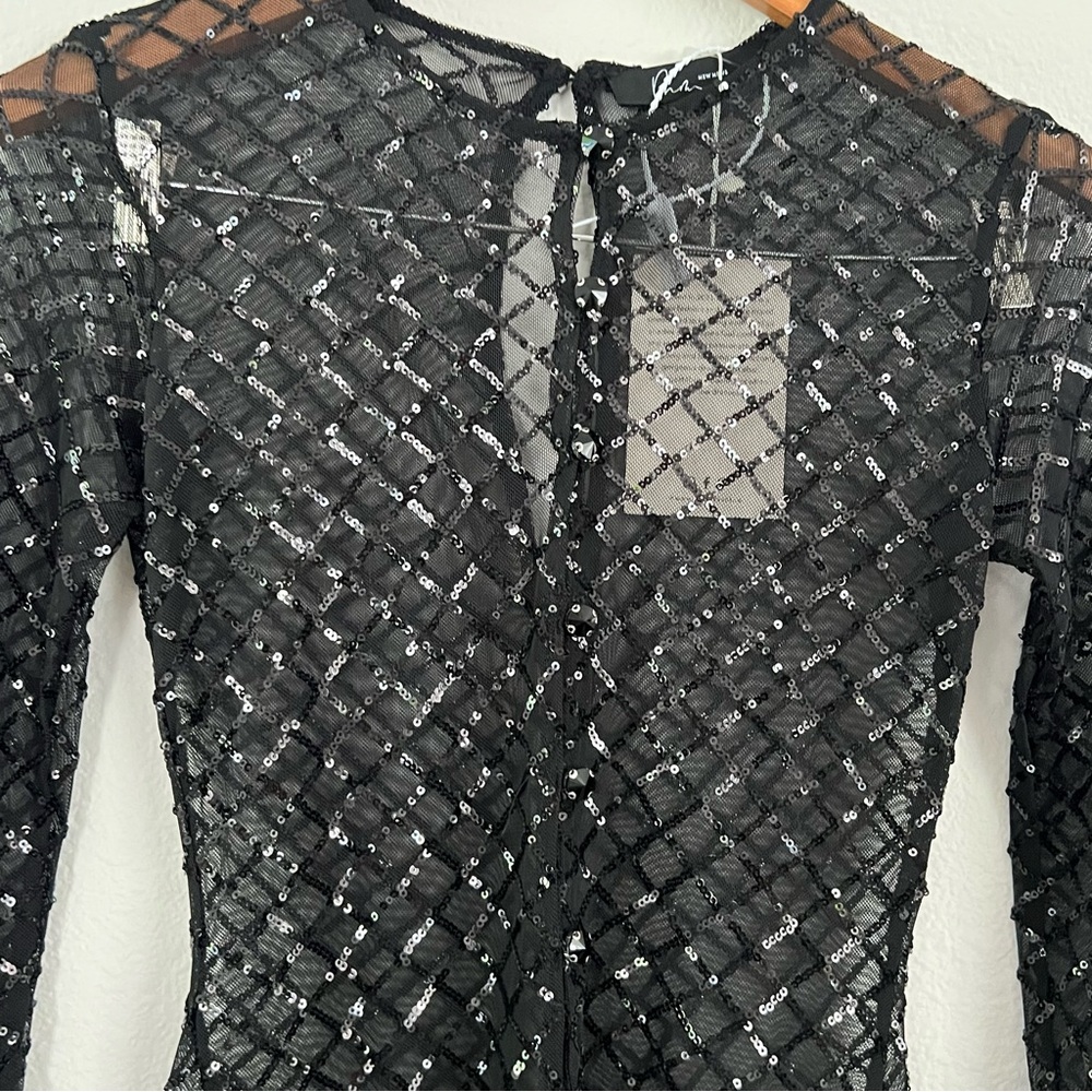 Mew Mews Statement Dress Black Sequins Sheer Jumpsuit With Gloves Size SMALL NWT - Picture 7 of 16